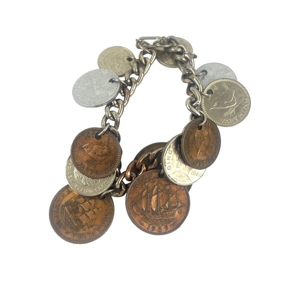 Vintage 1950s Coin Charm Bracelet Featuring Global Coins - Picture 1 of 10